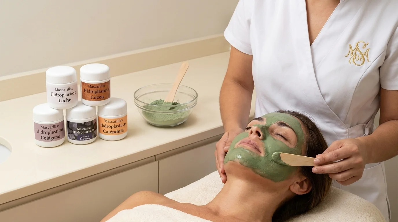 Profesional de estética prepara una mascarilla hidroplástica en una cabina facial con herramientas limpias y productos cosméticos sobre una mesa.