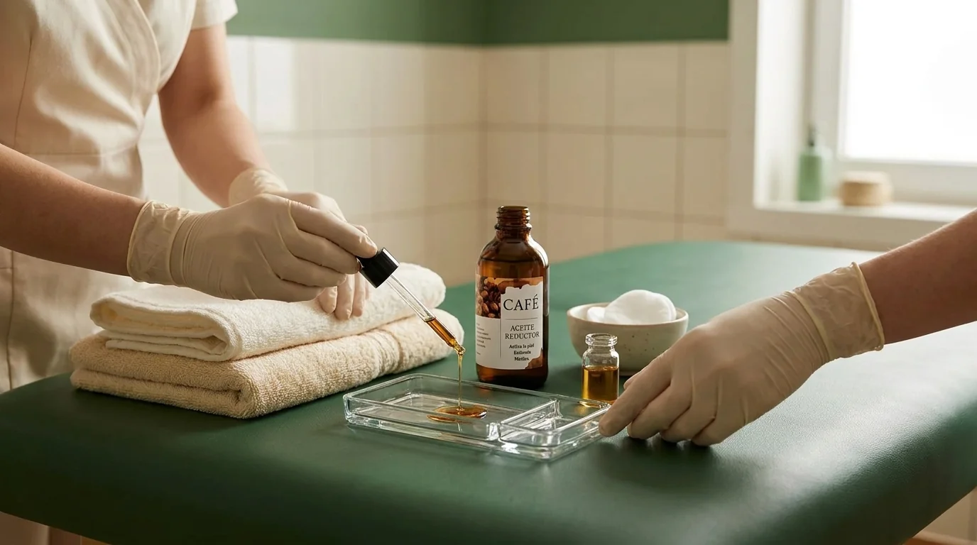 Profesional de estética organiza un aceite corporal junto a una camilla y toallas en una cabina de masaje.
