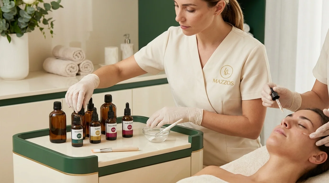 Profesional de estética organiza un producto de ácido glicólico y herramientas cosméticas en una cabina con iluminación suave.