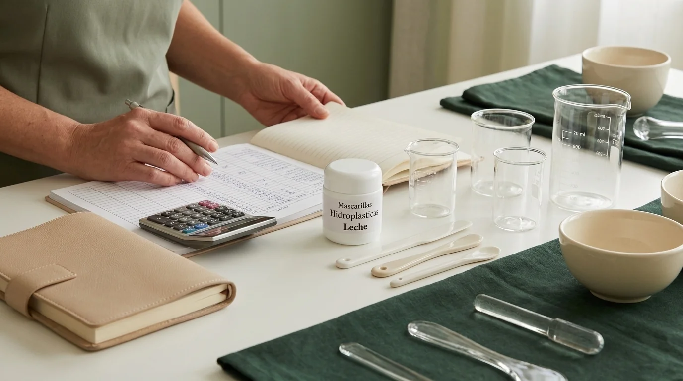 Mesa de planificación de una cabina estética con calculadora, ficha de registro e insumo cosmético para calcular el consumo real de un protocolo.