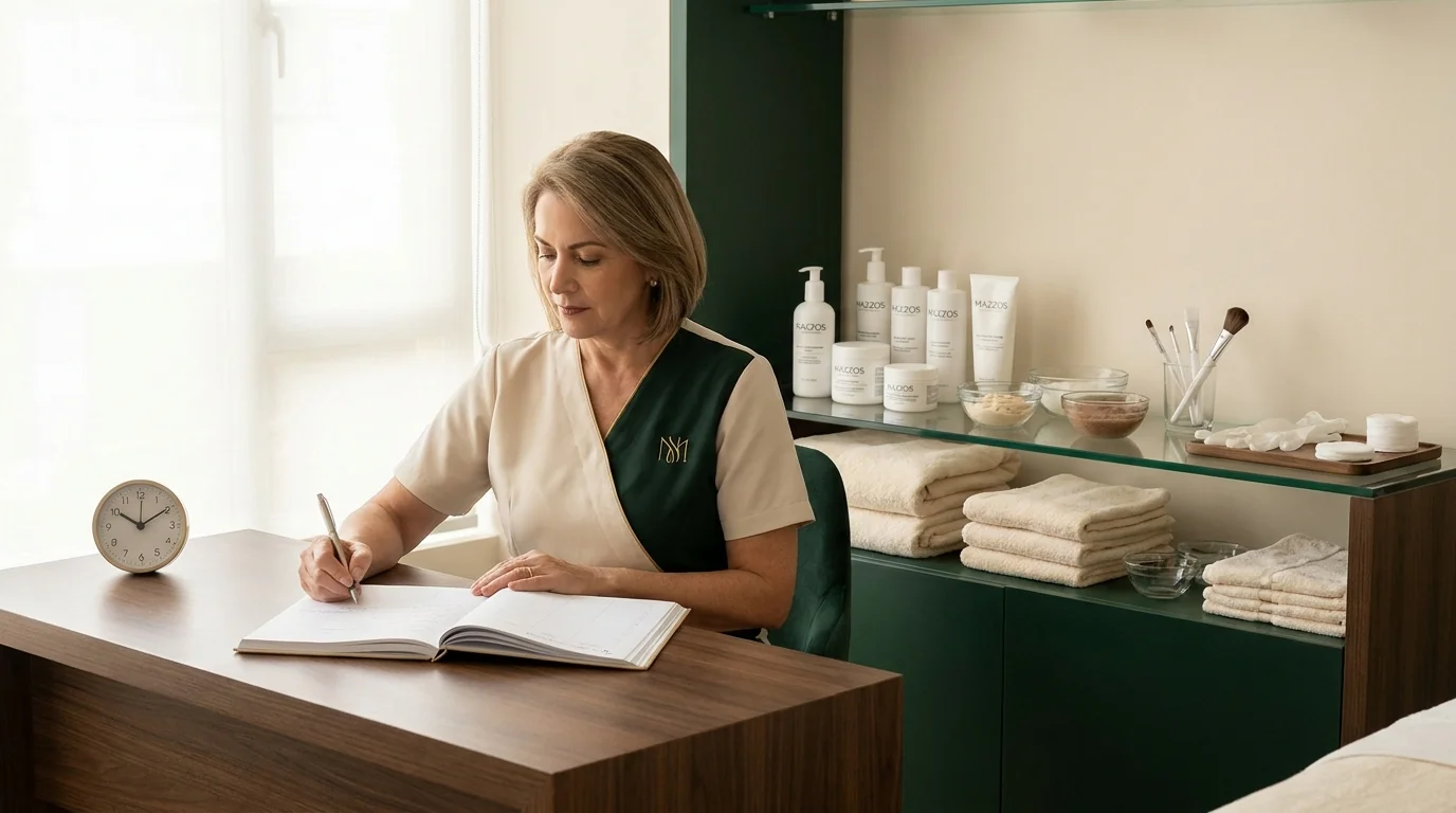 Esteticista organiza una estación de trabajo junto a una agenda y un reloj discreto para mejorar el recorrido de un servicio de cabina.