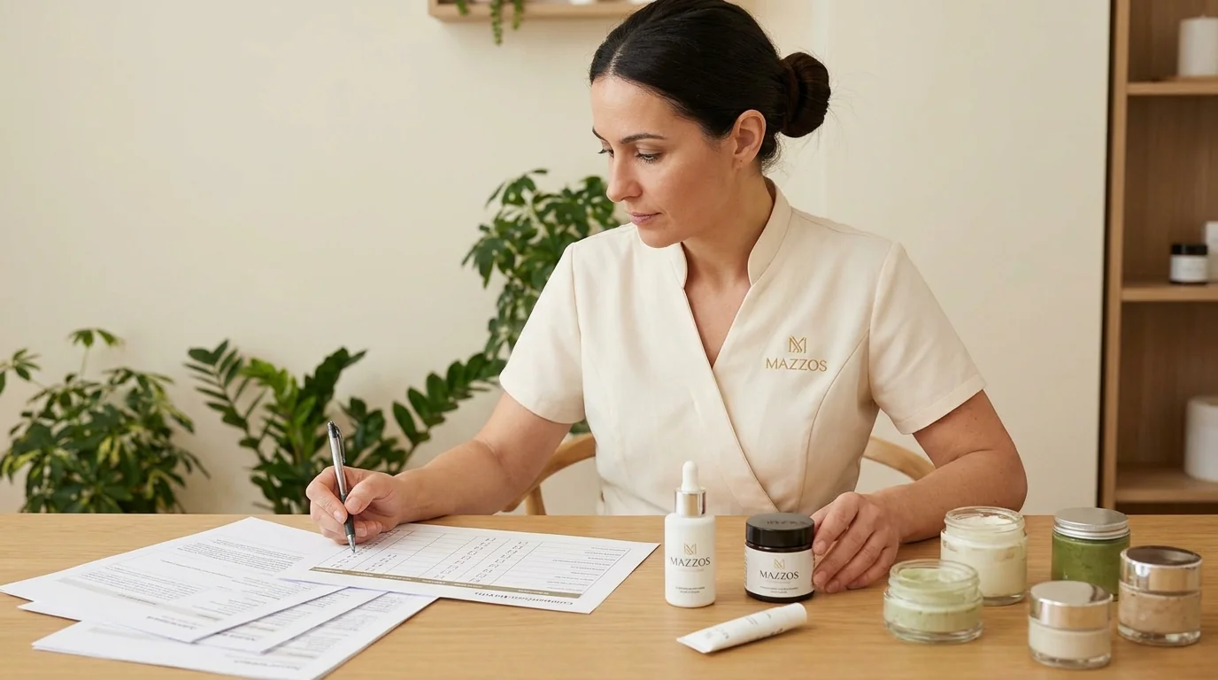 Profesional de estética compara fichas y envases cosméticos en una mesa de planificación de cabina
