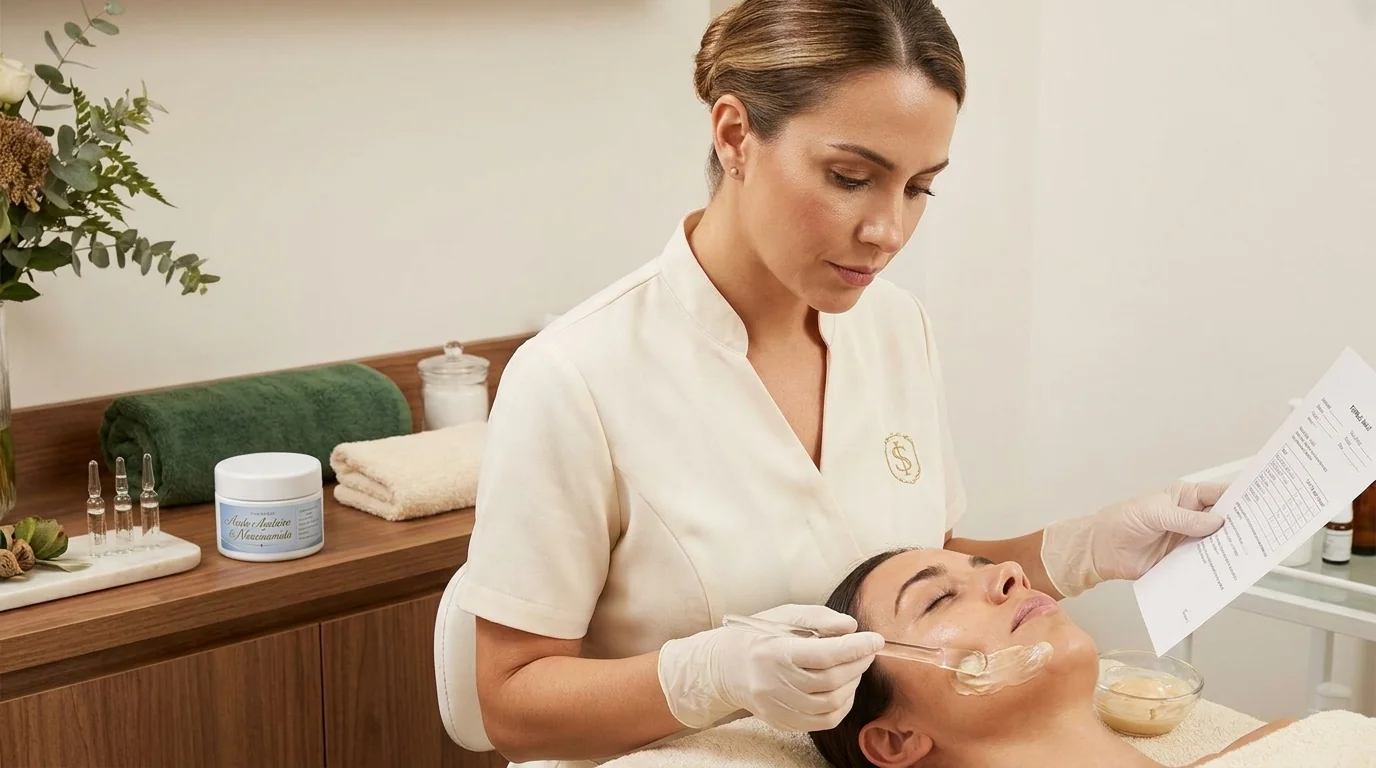 Profesional de estética revisando y aplicando una crema facial con niacinamida en una cabina cosmética