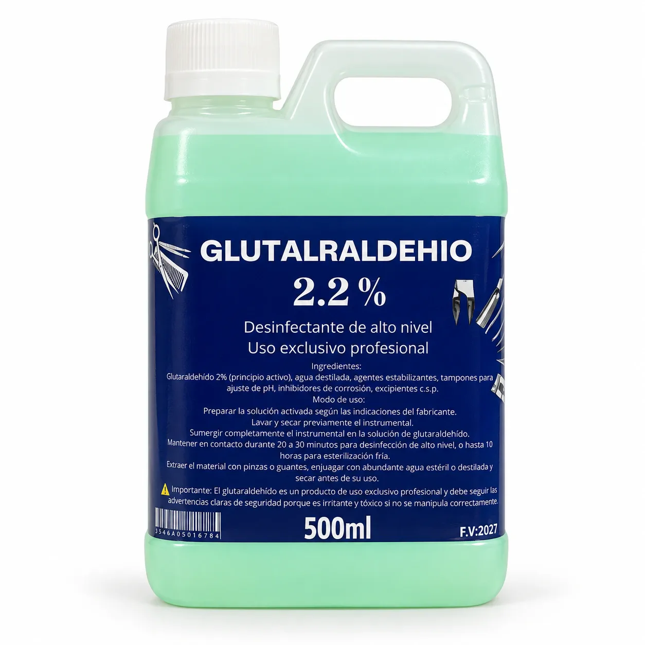 Envase plástico con asa y tapa rosca de glutaraldehído para instrumental de 500 ml