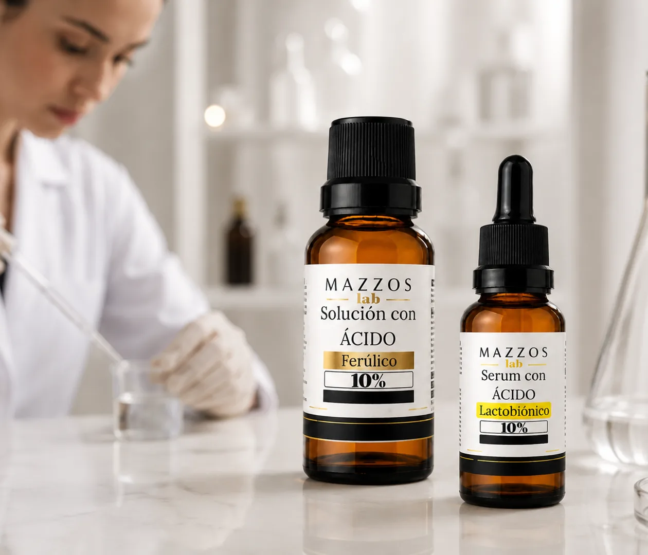 Fórmulas Mazzos con ácido ferúlico y lactobiónico en un laboratorio profesional
